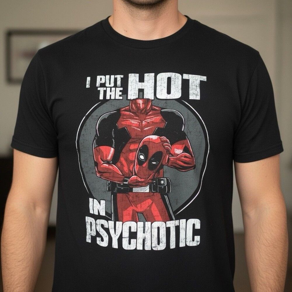 Marvel Deadpool I Put the Hot in Psychotic Funny Black T-Shirt Men’s Large Tee